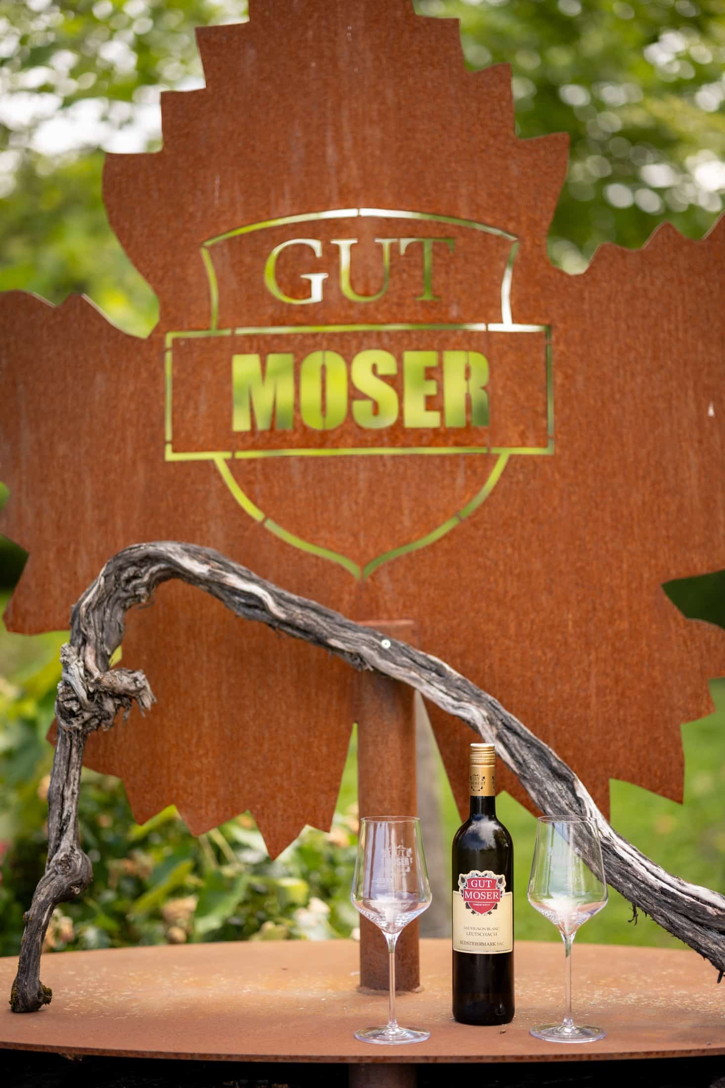 Eine Flasche Rotwein und zwei leere Weingläser stehen auf einem Tisch im Freien, vor einem großen blattförmigen Metallschild mit der Aufschrift "GUT MOSER". Eine verschlungene Weinrebe steht quer über dem Tisch. Im Hintergrund ist üppiges Grün zu sehen.