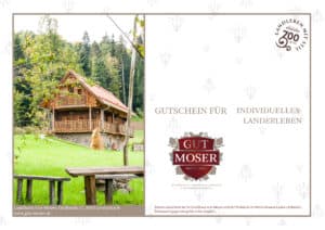 Ein rustikales Landhaus aus Holz mit Balkon und Terrasse liegt inmitten von grünen Bäumen und Wiesen. Rechts wirbt ein Text für einen Gutschein für den Wellness Gutschein Day-Spa im Winzerhotel.