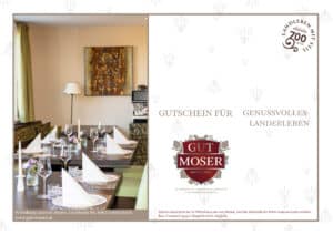 Ein Restauranttisch mit weißen Servietten und Gläsern neben einem "Wellness-Gutschein Day-Spa Winzerhotel", der das Logo und die Kontaktinformationen auf einem eleganten weiß-beigen Hintergrund zeigt.