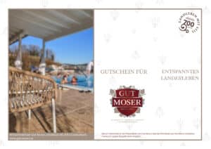 Ein Korbsessel auf einer überdachten Terrasse blickt auf einen Pool mit verschwommenen Schwimmern. Auf der rechten Seite ist ein Wellness-Gutschein Day-Spa Winzerhotel mit eleganten Logos und Kontaktinformationen abgebildet.