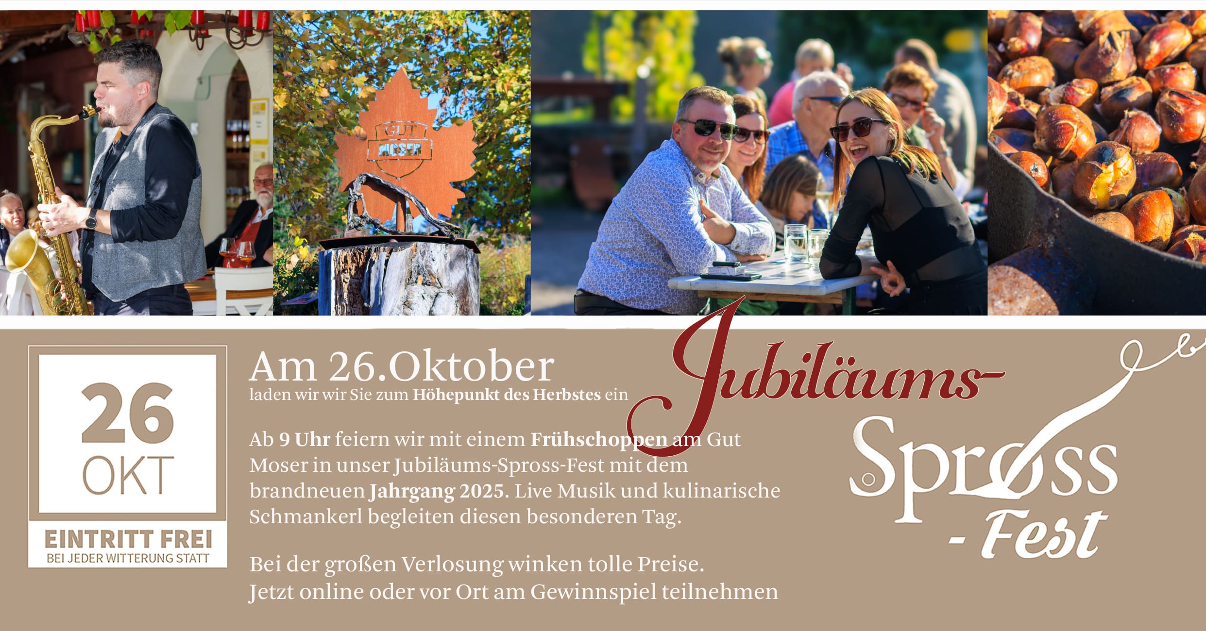 Ein festliches Einladungsplakat für ein Jubiläums-Spross-Fest am 26. Oktober mit Bildern von Live-Musik, Essen, Getränken, Menschen, die die Veranstaltung genießen, und Veranstaltungsdetails auf Deutsch mit Herbstdekorationen.