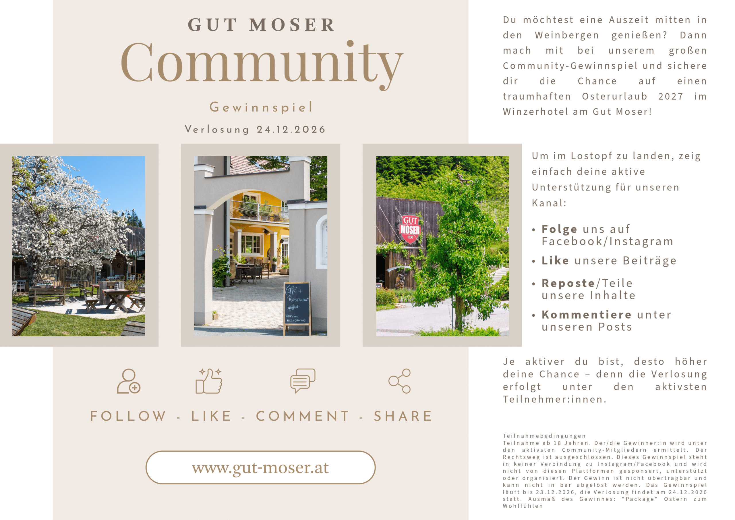 Flyer für Gut Moser Community Giveaway mit drei Fotos des Weinguts, Teilnahmebedingungen und Website-Link in einem klaren, modernen Layout.